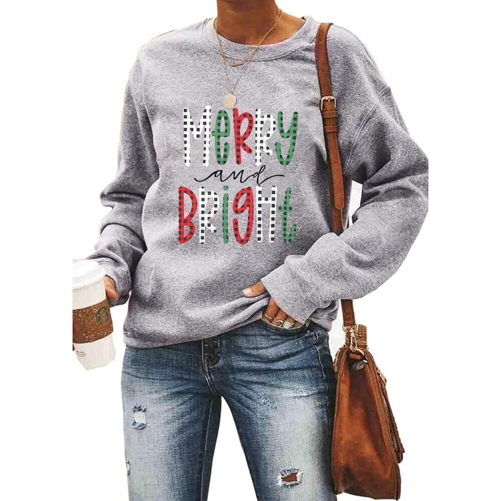 Women's Christmas Sweatshirt Cotton Blend Large Merry And Bright Holiday Top